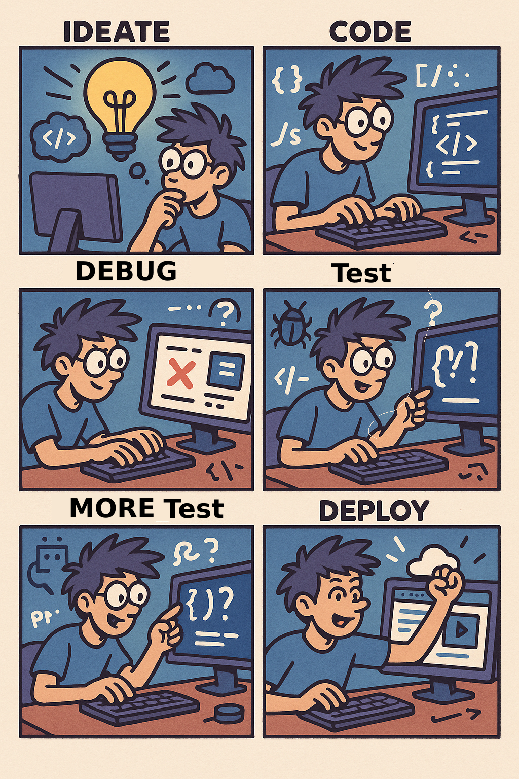 Comic illustration showing coding process from ideation to deployment at One Web Arts